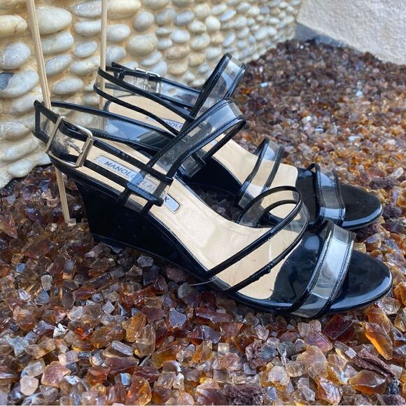 Manolo Blahnik Black & Clear Patent Leather Wedge Sandals. Size 7.5 (38). EUC! - Picture 4 of 6